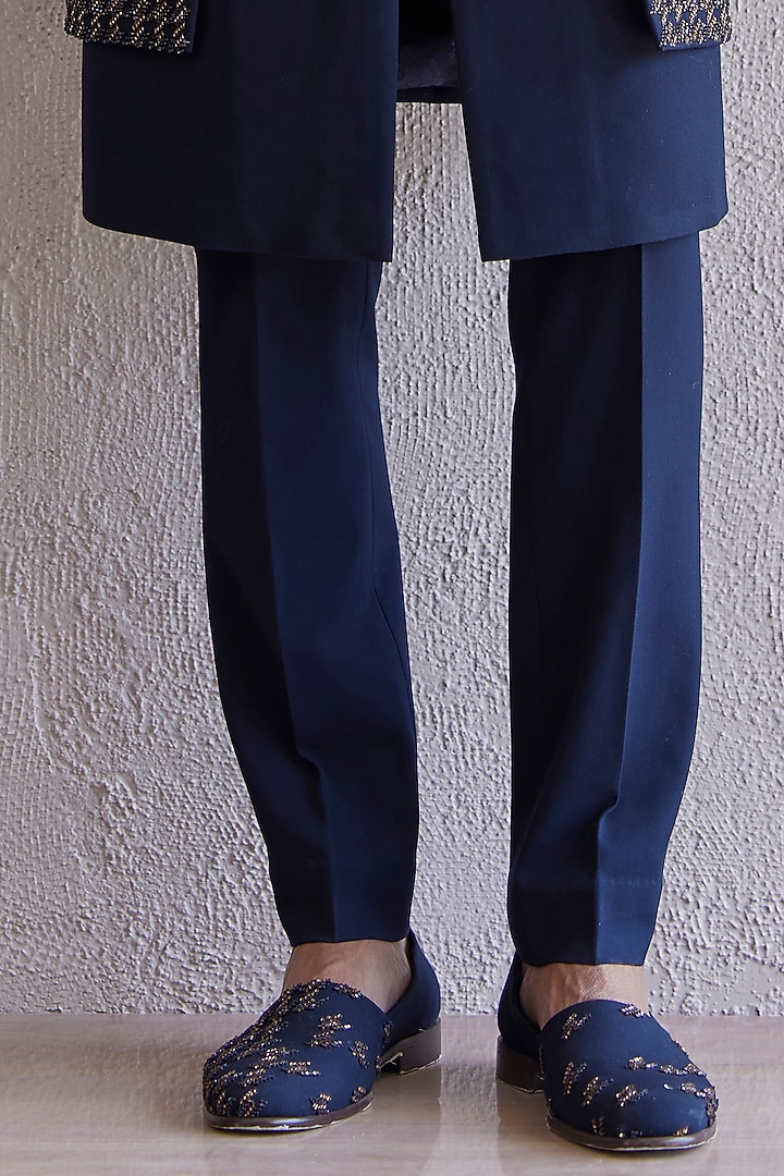 Navy Blue Viscose Wool Embroidered Groom Indowestern Set by Qbik Men at Pernia's Pop Up Shop