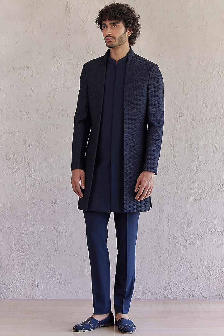 Navy Blue Silk & Viscose Wool Embroidered Panelled Indowestern Set by Qbik Men