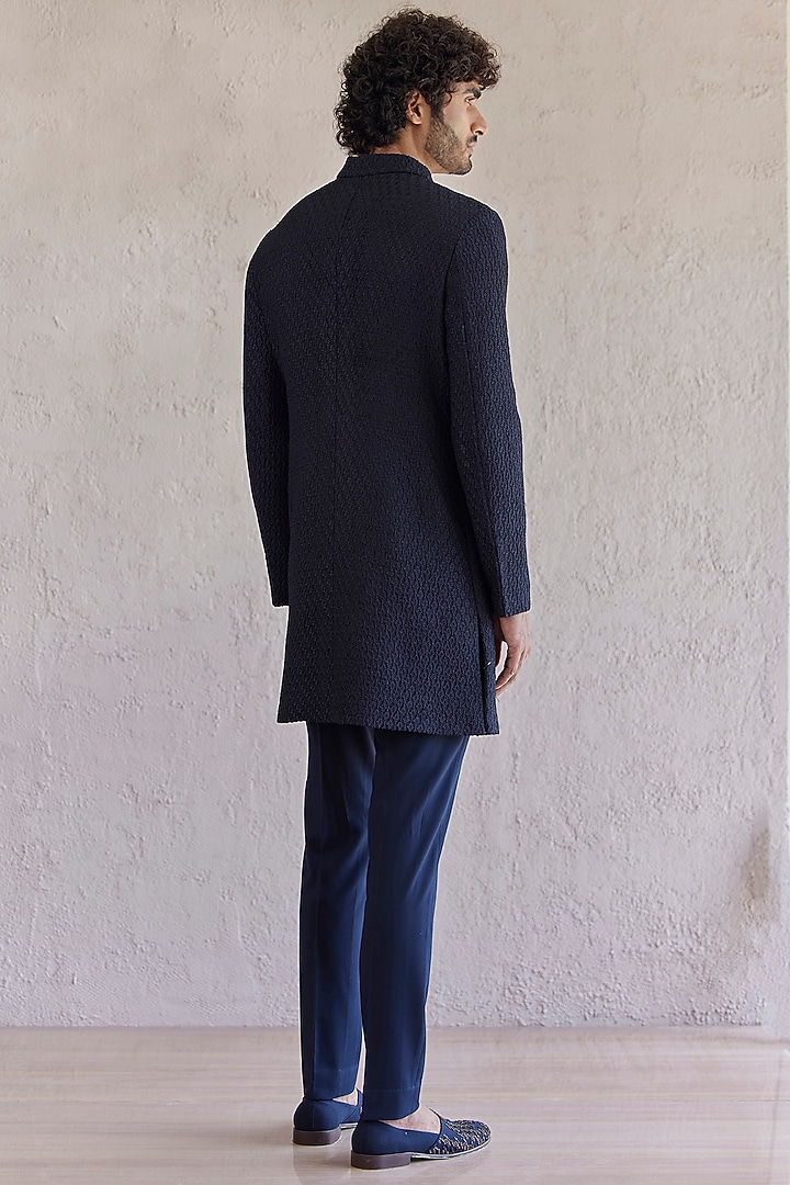 Navy Blue Silk & Viscose Wool Embroidered Panelled Wedding Indowestern Set by Qbik Men at Pernia's Pop Up Shop