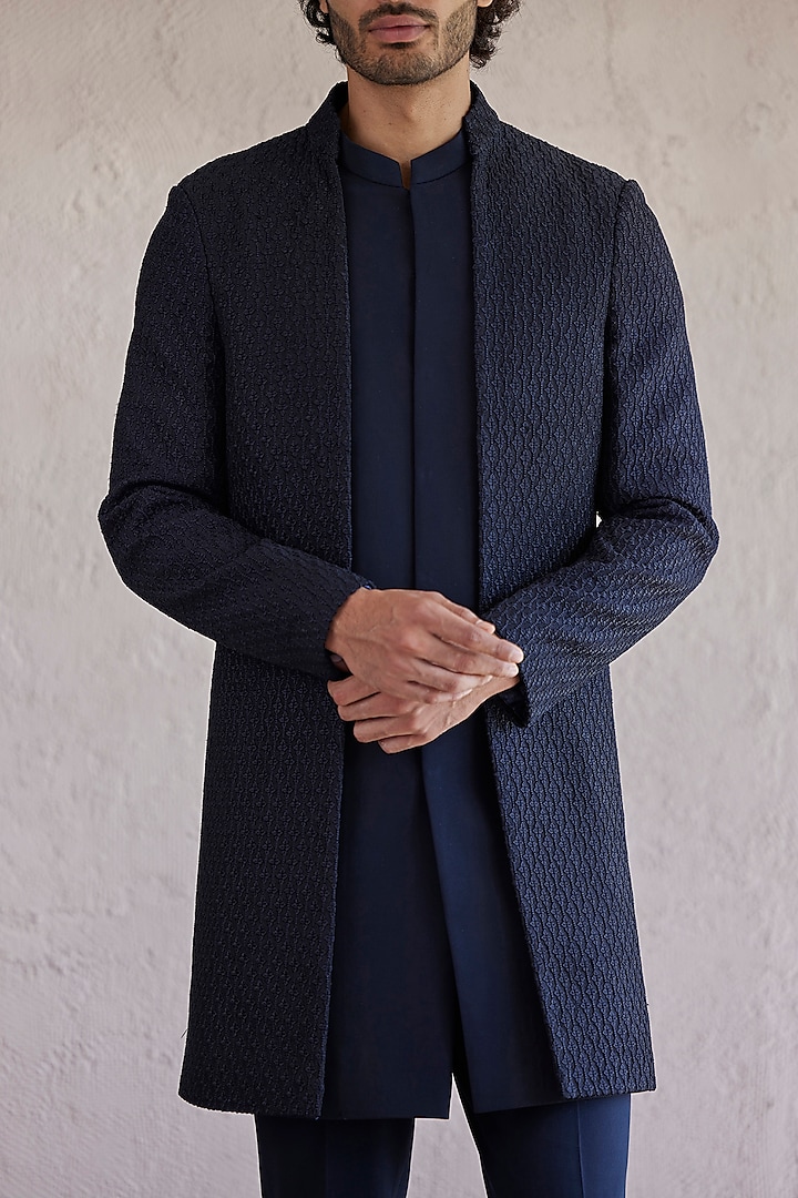 Navy Blue Silk & Viscose Wool Embroidered Panelled Wedding Indowestern Set by Qbik Men at Pernia's Pop Up Shop