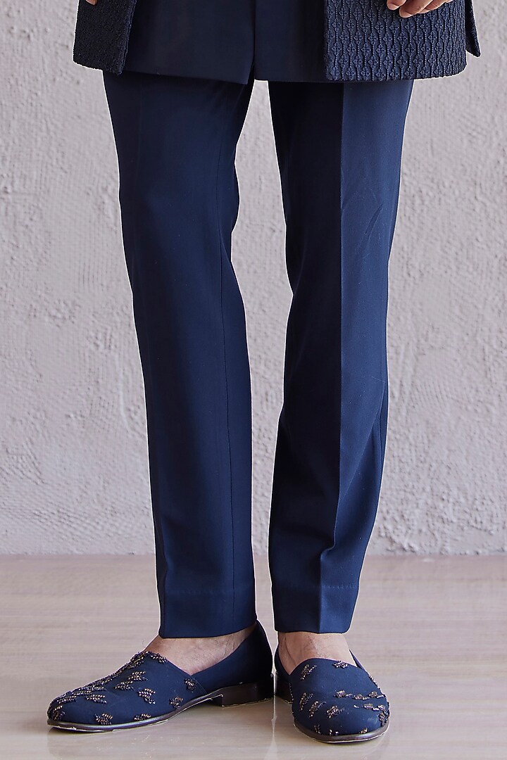 Navy Blue Silk & Viscose Wool Embroidered Panelled Wedding Indowestern Set by Qbik Men at Pernia's Pop Up Shop