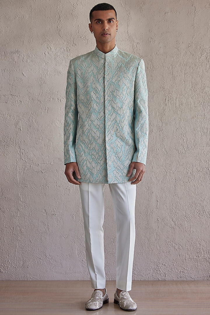 Aqua Raw Silk Embroidered Bandhgala Set by Qbik Men at Pernia's Pop Up Shop