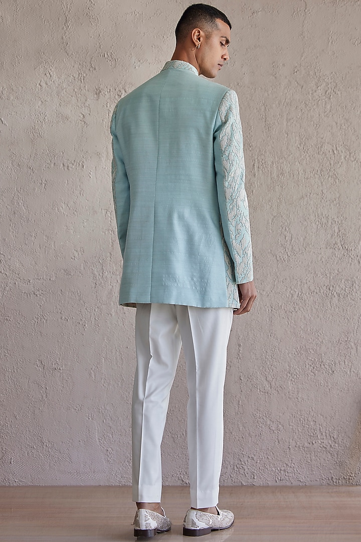Aqua Raw Silk Embroidered Wedding Bandhgala Set by Qbik Men at Pernia's Pop Up Shop