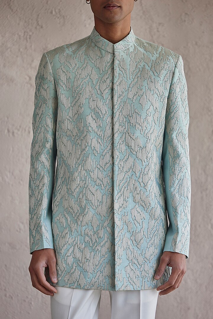 Aqua Raw Silk Embroidered Wedding Bandhgala Set by Qbik Men at Pernia's Pop Up Shop