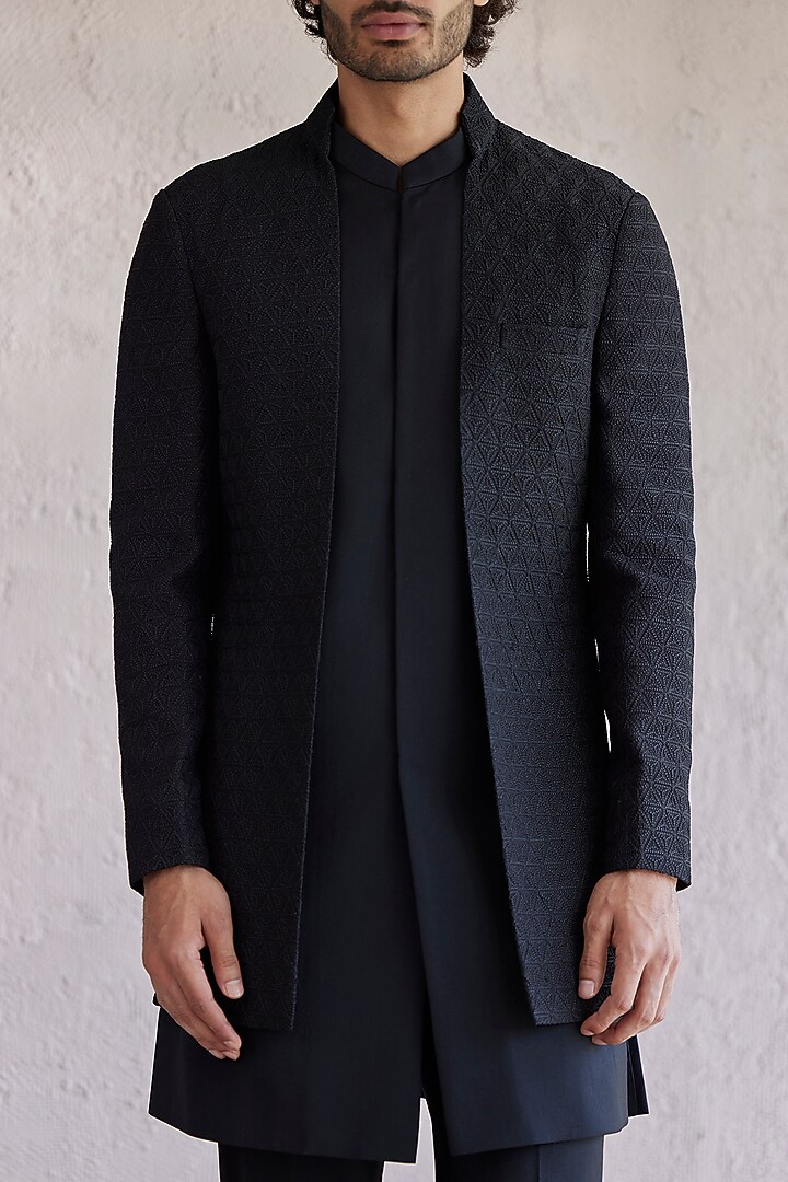Black Silk & Viscose Wool Embroidered Panelled Wedding Indowestern Set by Qbik Men at Pernia's Pop Up Shop