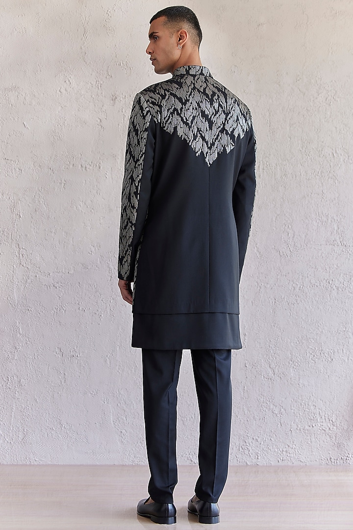 Black Viscose Wool Embroidered Panelled Groom Indowestern Set by Qbik Men at Pernia's Pop Up Shop