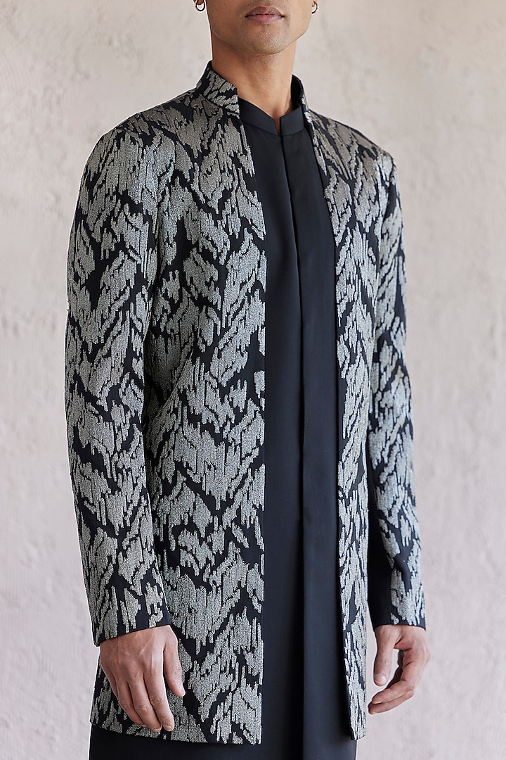 Black Viscose Wool Embroidered Panelled Groom Indowestern Set by Qbik Men at Pernia's Pop Up Shop