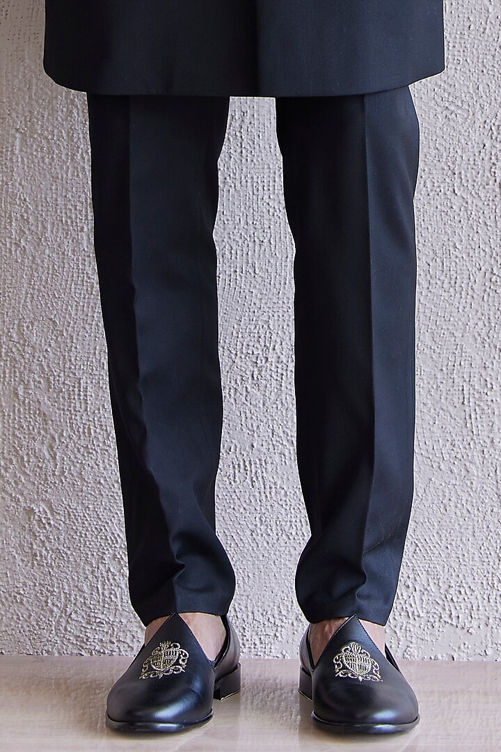 Black Viscose Wool Embroidered Panelled Groom Indowestern Set by Qbik Men at Pernia's Pop Up Shop