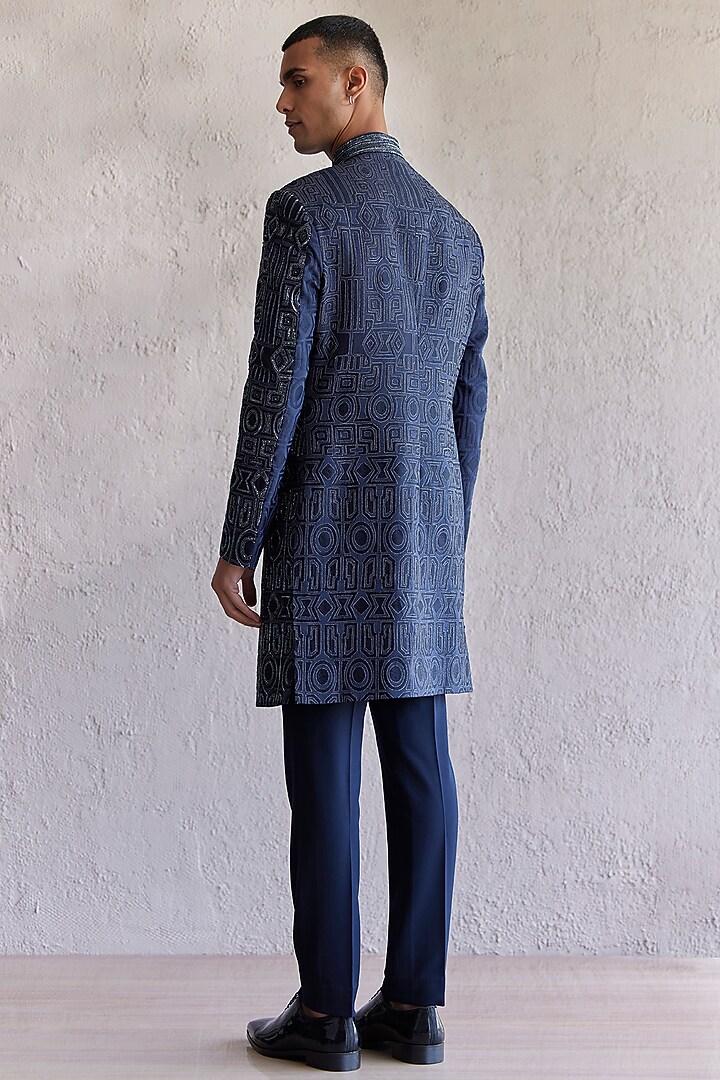 Navy Blue Silk Embroidered Groom Sherwani Set by Qbik Men at Pernia's Pop Up Shop