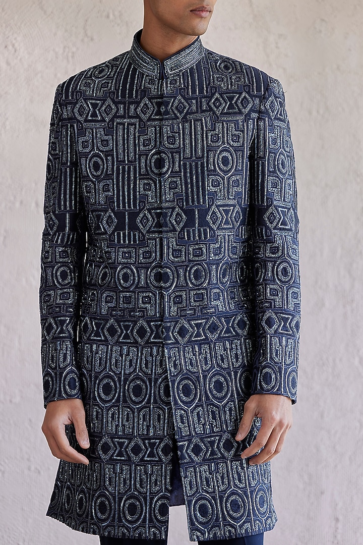 Navy Blue Silk Embroidered Groom Sherwani Set by Qbik Men at Pernia's Pop Up Shop
