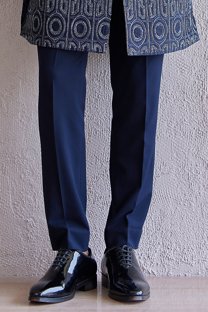 Navy Blue Silk Embroidered Groom Sherwani Set by Qbik Men at Pernia's Pop Up Shop