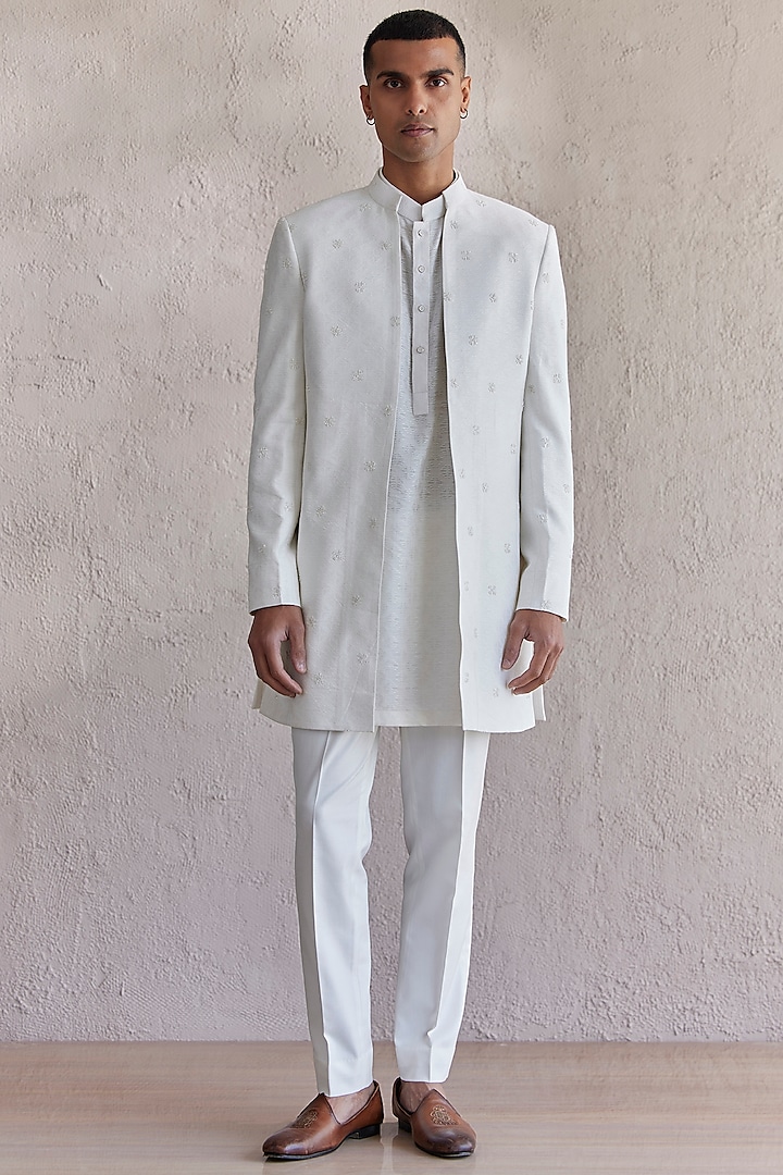 Ivory Cotton Jacquard Embroidered Front Open Indowestern Set by Qbik Men