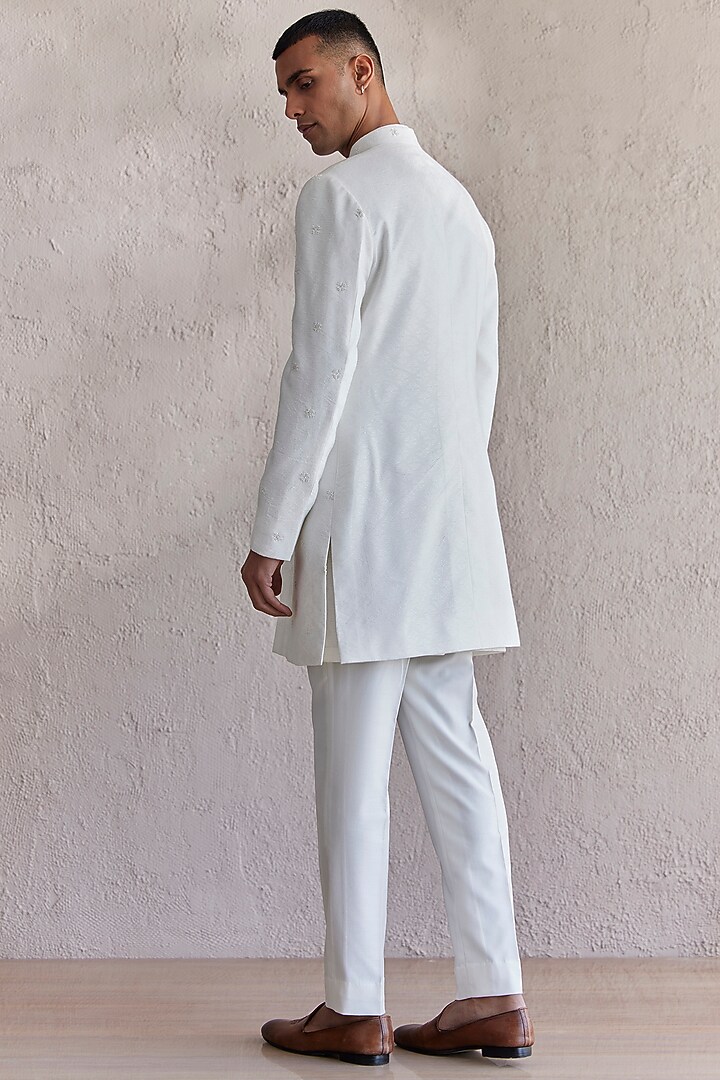 Ivory Cotton Jacquard Embroidered Front Open Wedding Indowestern Set by Qbik Men at Pernia's Pop Up Shop