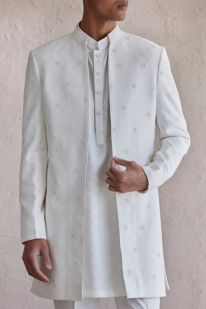 Ivory Cotton Jacquard Embroidered Front Open Wedding Indowestern Set by Qbik Men at Pernia's Pop Up Shop