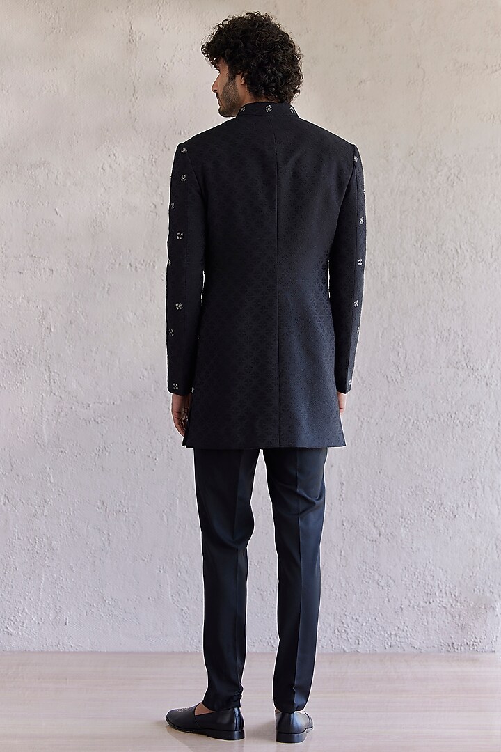 Black Cotton Jacquard Embroidered Front Open Wedding Indowestern Set by Qbik Men at Pernia's Pop Up Shop