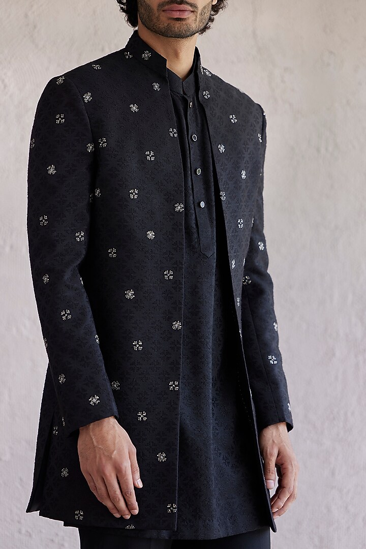 Black Cotton Jacquard Embroidered Front Open Wedding Indowestern Set by Qbik Men at Pernia's Pop Up Shop