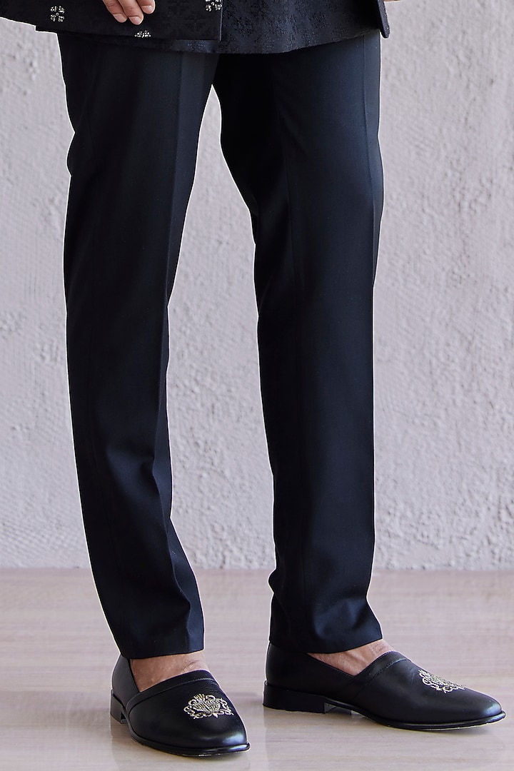 Black Cotton Jacquard Embroidered Front Open Wedding Indowestern Set by Qbik Men at Pernia's Pop Up Shop
