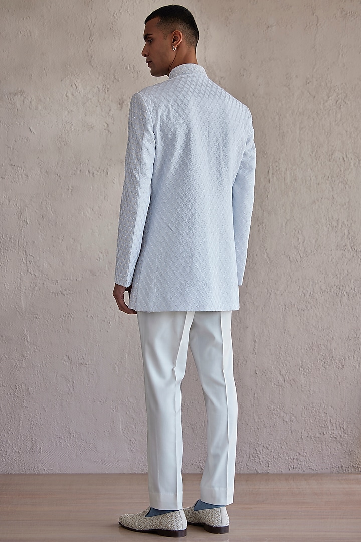 Powder Blue Raw Silk Embroidered Wedding Bandhgala Set by Qbik Men at Pernia's Pop Up Shop