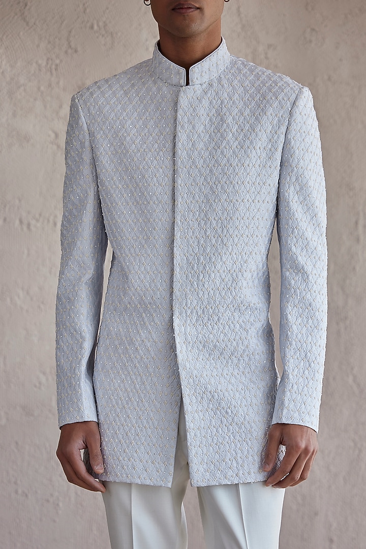 Powder Blue Raw Silk Embroidered Wedding Bandhgala Set by Qbik Men at Pernia's Pop Up Shop