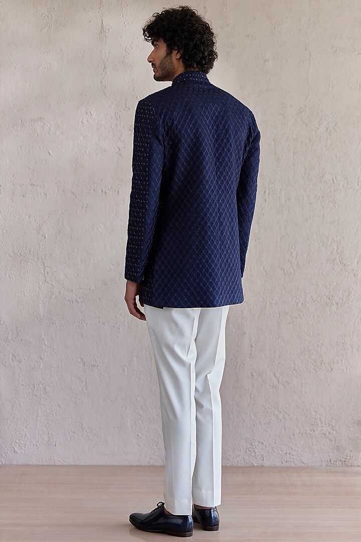 Navy Blue Raw Silk Embroidered Wedding Bandhgala Set by Qbik Men at Pernia's Pop Up Shop