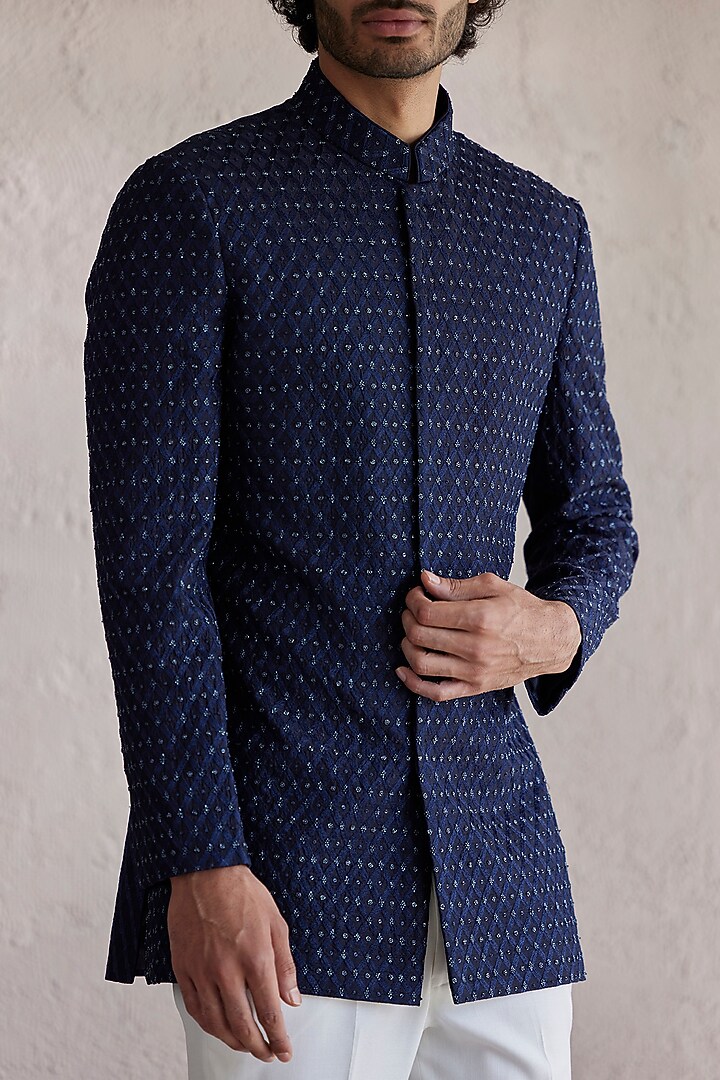 Navy Blue Raw Silk Embroidered Wedding Bandhgala Set by Qbik Men at Pernia's Pop Up Shop