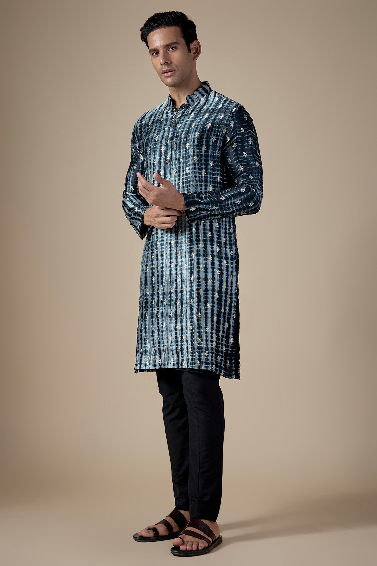 Qbik Black Banarasi Silk Bandhani Printed Kurta Set