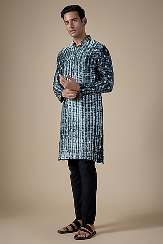 Black Banarasi Silk Bandhani Printed Kurta Set by Qbik Men