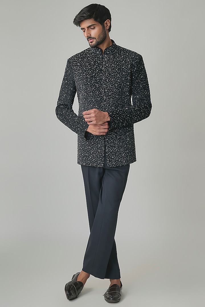 Navy Blue Linen Silk Chanderi Groom Bandhgala Set by Qbik Men at Pernia's Pop Up Shop