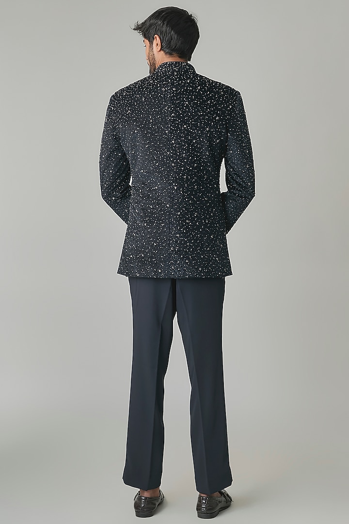 Navy Blue Linen Silk Chanderi Groom Bandhgala Set by Qbik Men at Pernia's Pop Up Shop
