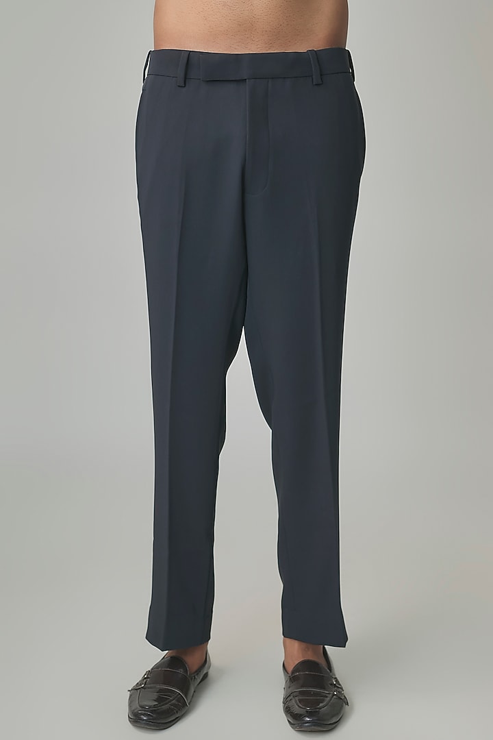 Navy Blue Linen Silk Chanderi Groom Bandhgala Set by Qbik Men at Pernia's Pop Up Shop