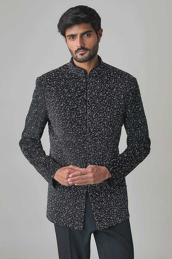 Navy Blue Linen Silk Chanderi Groom Bandhgala Set by Qbik Men at Pernia's Pop Up Shop