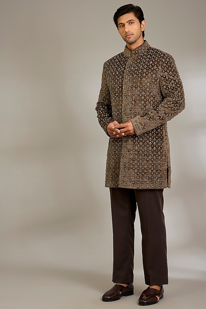 Dark Brown Velvet Groom Indowestern Set by Qbik Men at Pernia's Pop Up Shop
