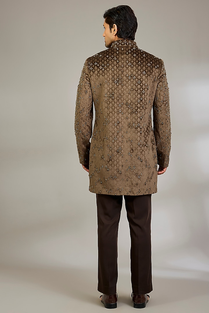 Dark Brown Velvet Groom Indowestern Set by Qbik Men at Pernia's Pop Up Shop