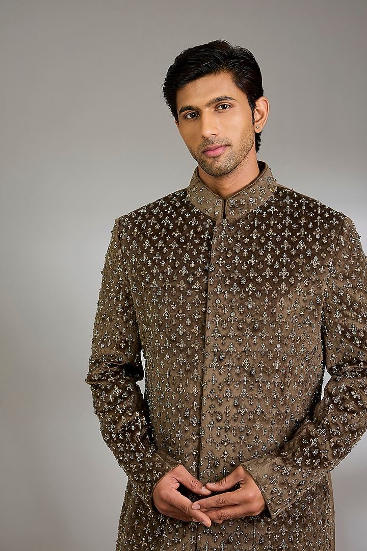 Dark Brown Velvet Groom Indowestern Set by Qbik Men at Pernia's Pop Up Shop