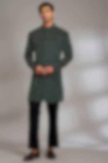 Bottle Green Velvet Groom Indowestern Set by Qbik Men at Pernia's Pop Up Shop