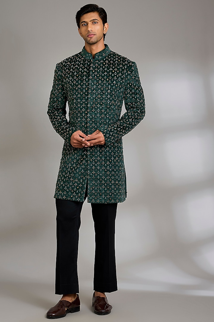 Bottle Green Velvet Groom Indowestern Set by Qbik Men at Pernia's Pop Up Shop
