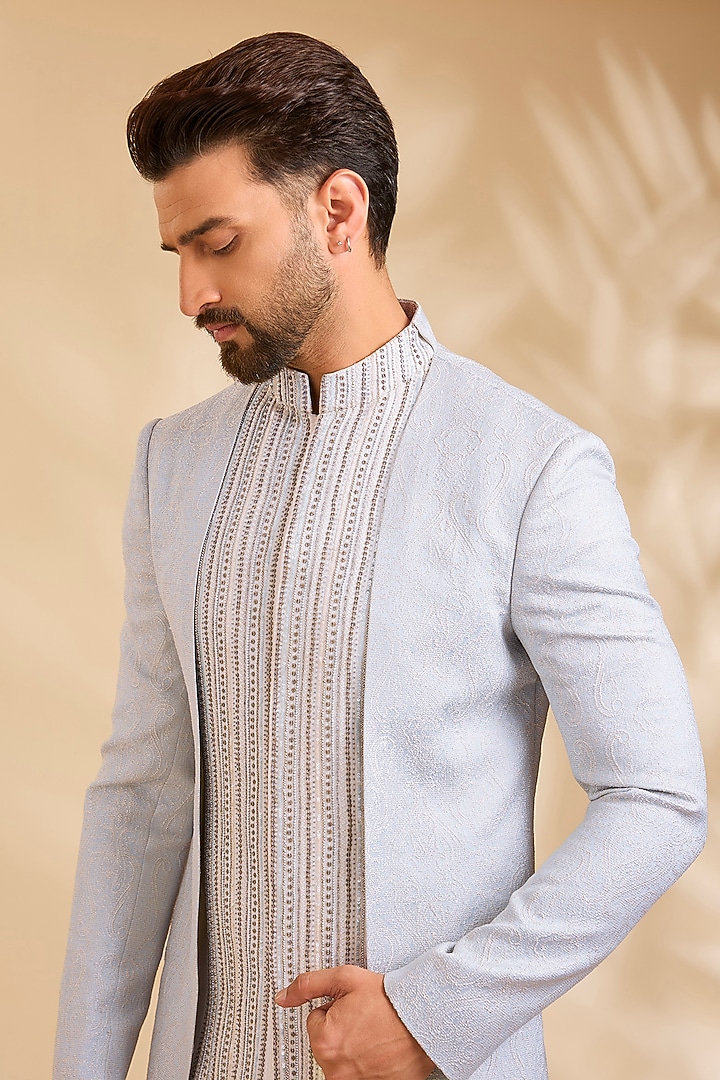 Powder Blue Silk Groom Indowestern Set by Qbik Men at Pernia's Pop Up Shop