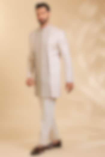 Mouse-Colored Silk Groom Indowestern Set by Qbik Men at Pernia's Pop Up Shop