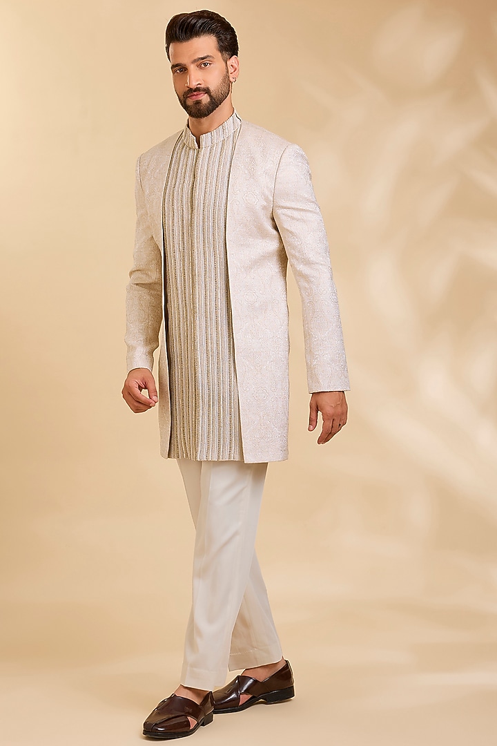 Mouse-Colored Silk Groom Indowestern Set by Qbik Men at Pernia's Pop Up Shop