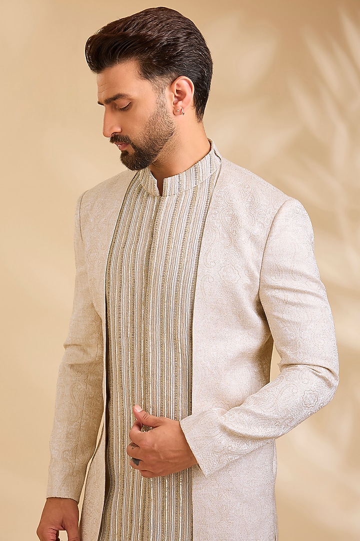 Mouse-Colored Silk Groom Indowestern Set by Qbik Men at Pernia's Pop Up Shop