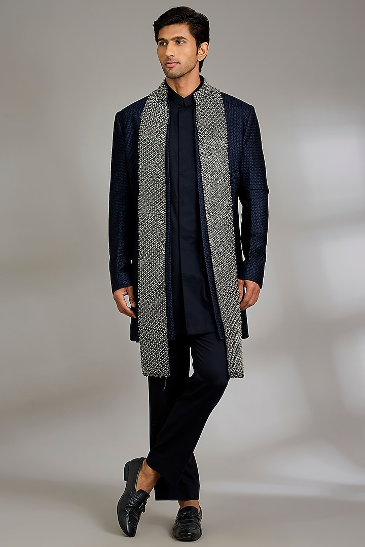 Navy Blue Suiting Fabric Groom Indowestern Set by Qbik Men at Pernia's Pop Up Shop