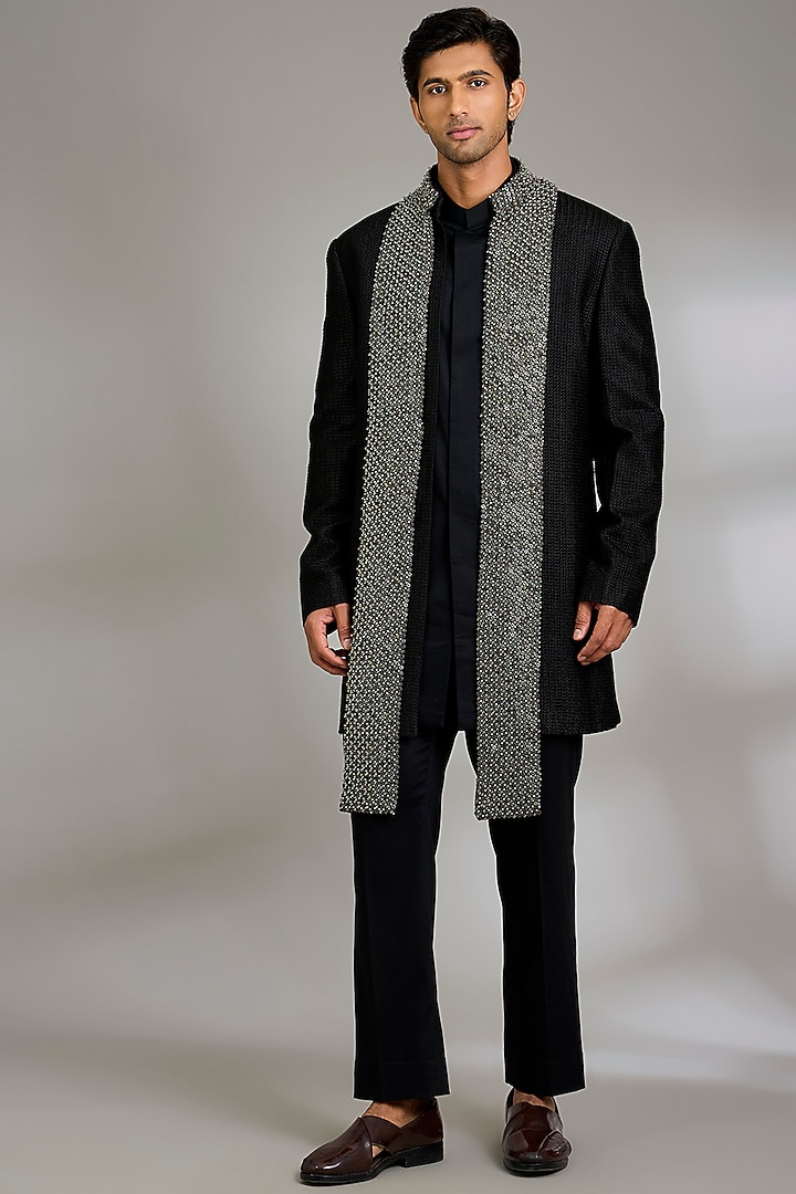 Black Suiting Fabric Groom Indowestern Set by Qbik Men at Pernia's Pop Up Shop