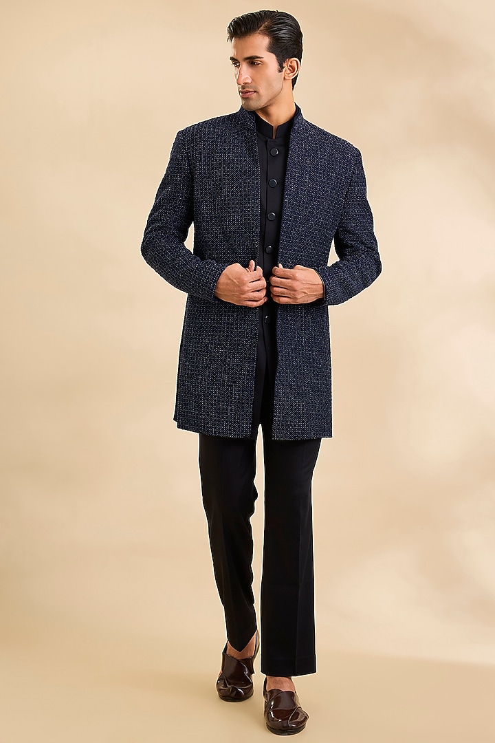 Navy Blue Suiting Groom Indowestern Set by Qbik Men at Pernia's Pop Up Shop