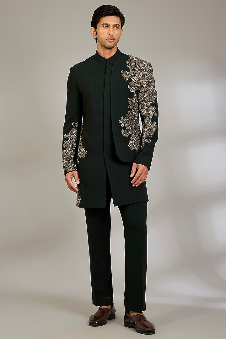 Bottle Green Suiting Fabric Groom Indowestern Set by Qbik Men at Pernia's Pop Up Shop