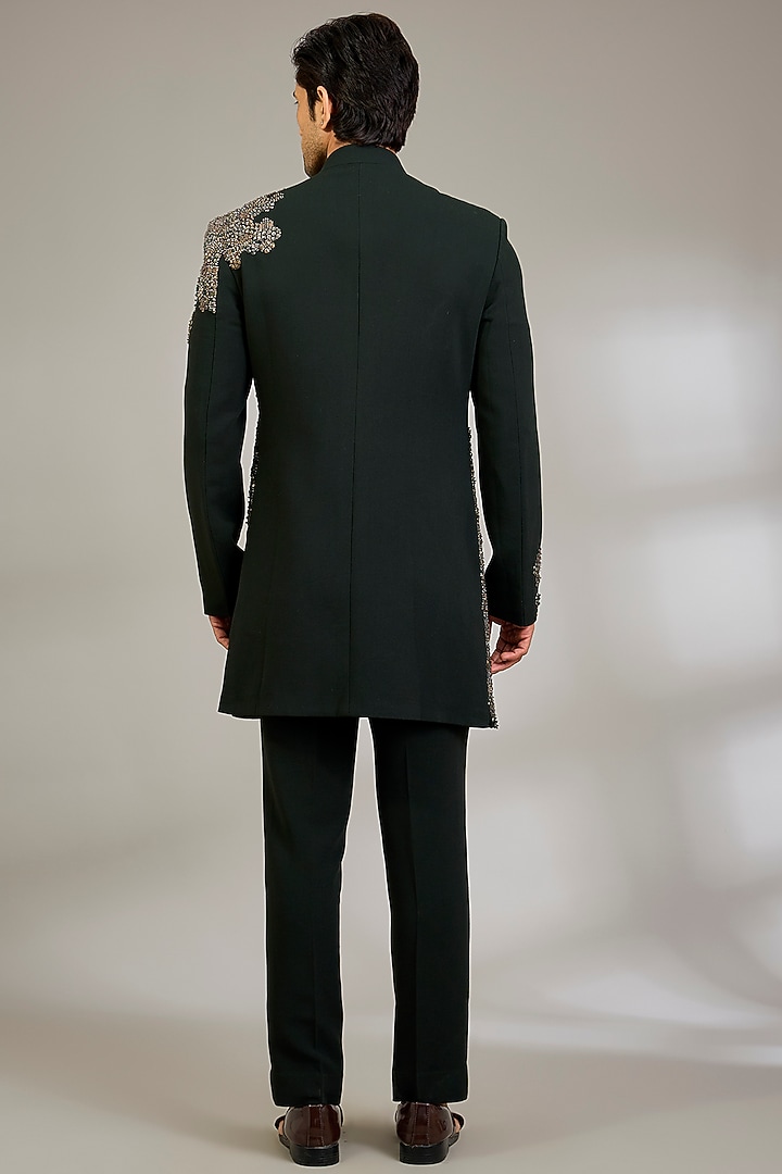 Bottle Green Suiting Fabric Groom Indowestern Set by Qbik Men at Pernia's Pop Up Shop