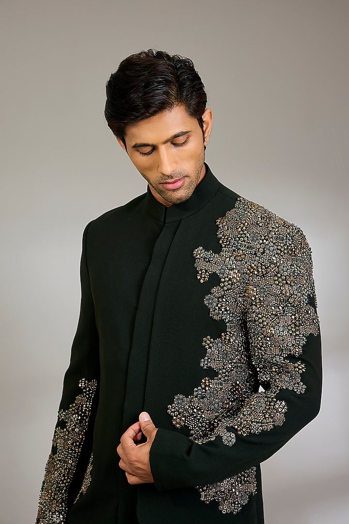 Bottle Green Suiting Fabric Groom Indowestern Set by Qbik Men at Pernia's Pop Up Shop