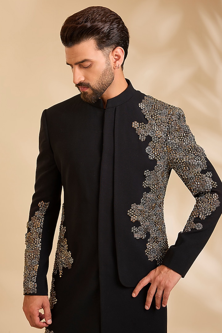 Black Suiting Groom Indowestern Set by Qbik Men at Pernia's Pop Up Shop