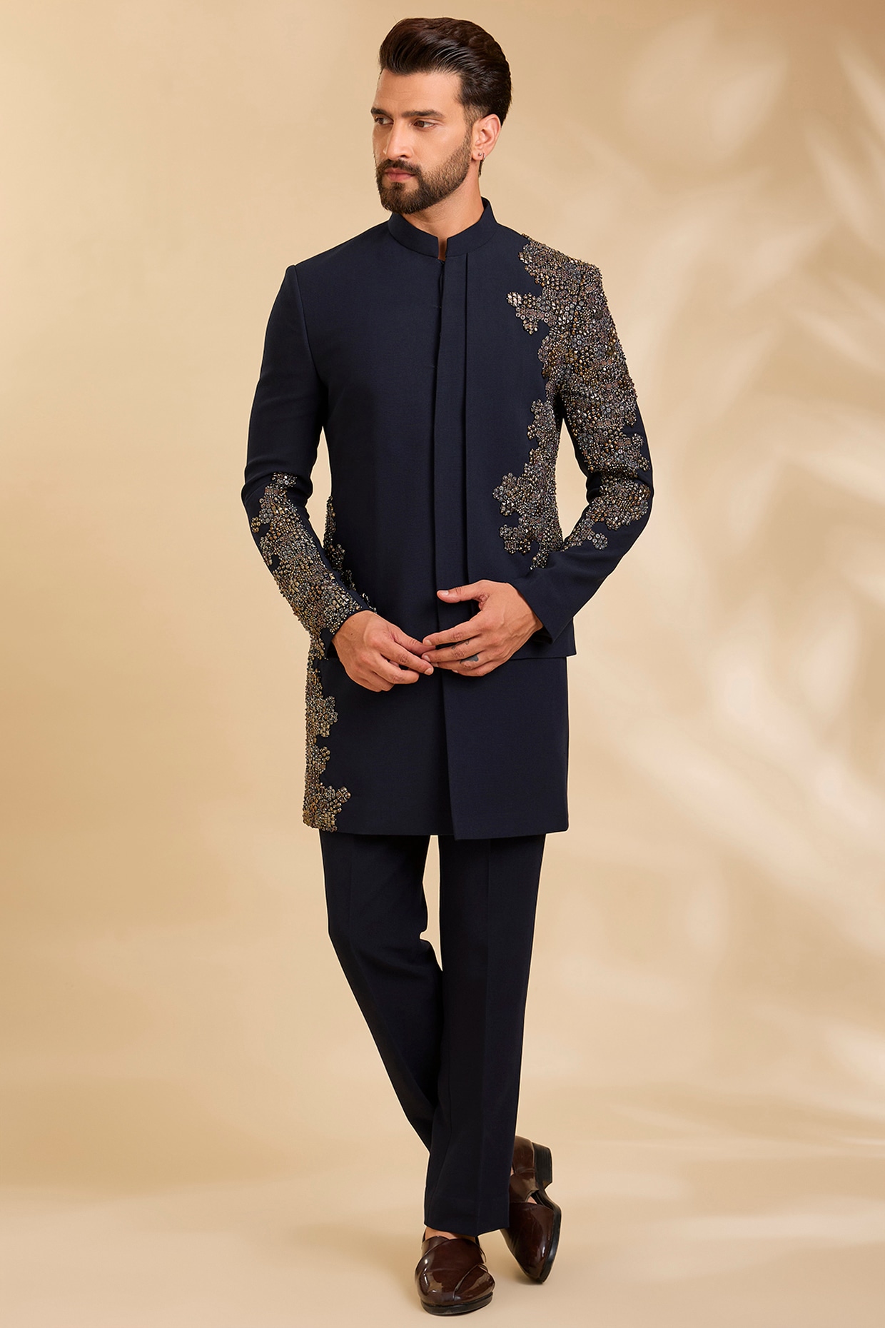 Qbik Navy Blue Suiting Indowestern Set