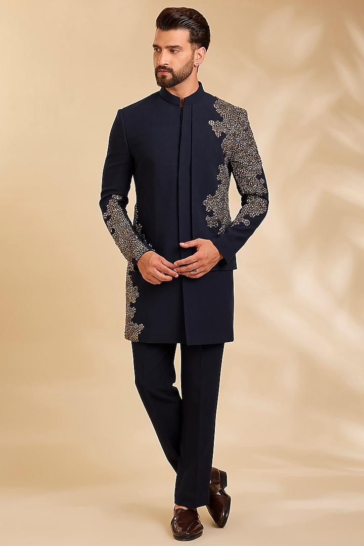 Navy Blue Suiting Groom Indowestern Set by Qbik Men at Pernia's Pop Up Shop