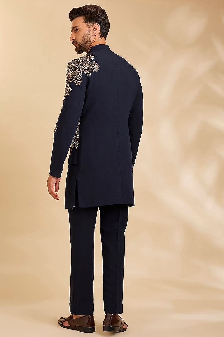 Navy Blue Suiting Groom Indowestern Set by Qbik Men at Pernia's Pop Up Shop